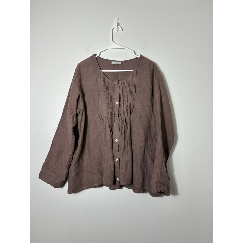 homefrocks Pintuck 100% Linen Button Up Shirt Sz Small Oversized Brown Lagenlook